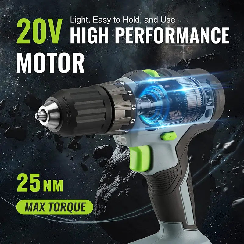WORKPRO 20V Drill Driver Bundle: 2.0Ah Battery, 1-Hour Fast Charger & 11″ Green Tool Storage Bag