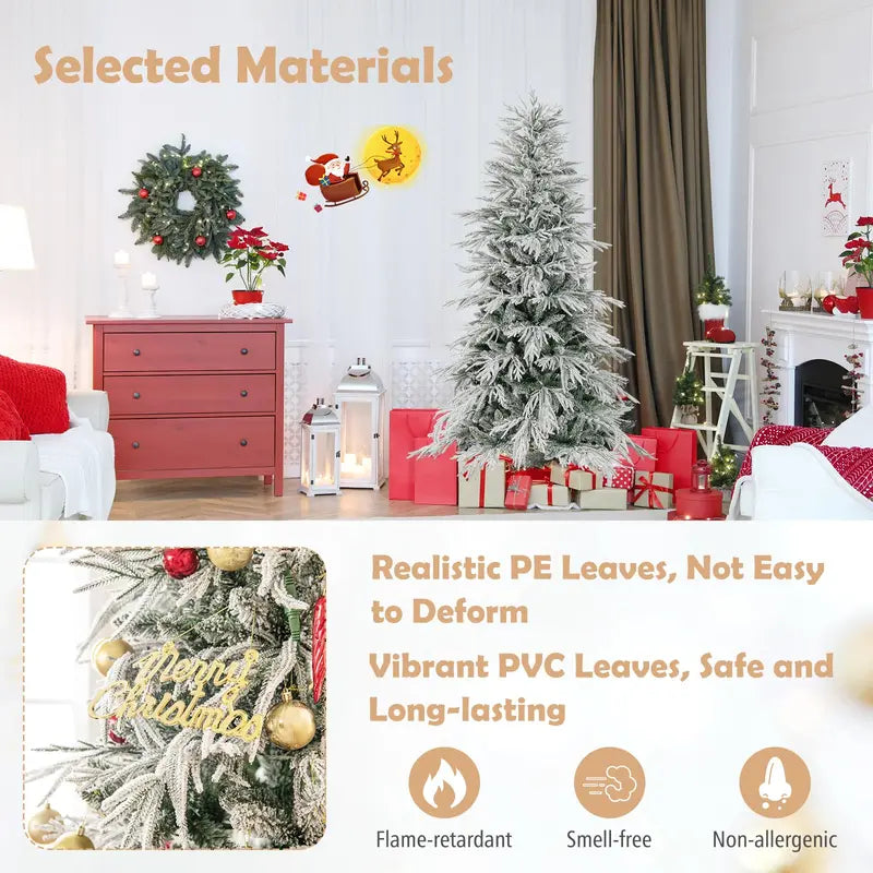 6- to 8-Foot Pre-Lit Snow-Flocked Artificial Christmas Tree Featuring PE and PVC Mixed-Tip Branches