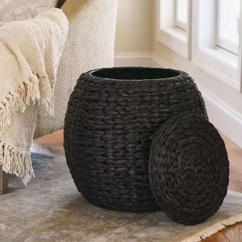 Household Essentials Handwoven Wicker Storage Basket  Barrel-Style Side Table (17″L x 17″W x 19″H)