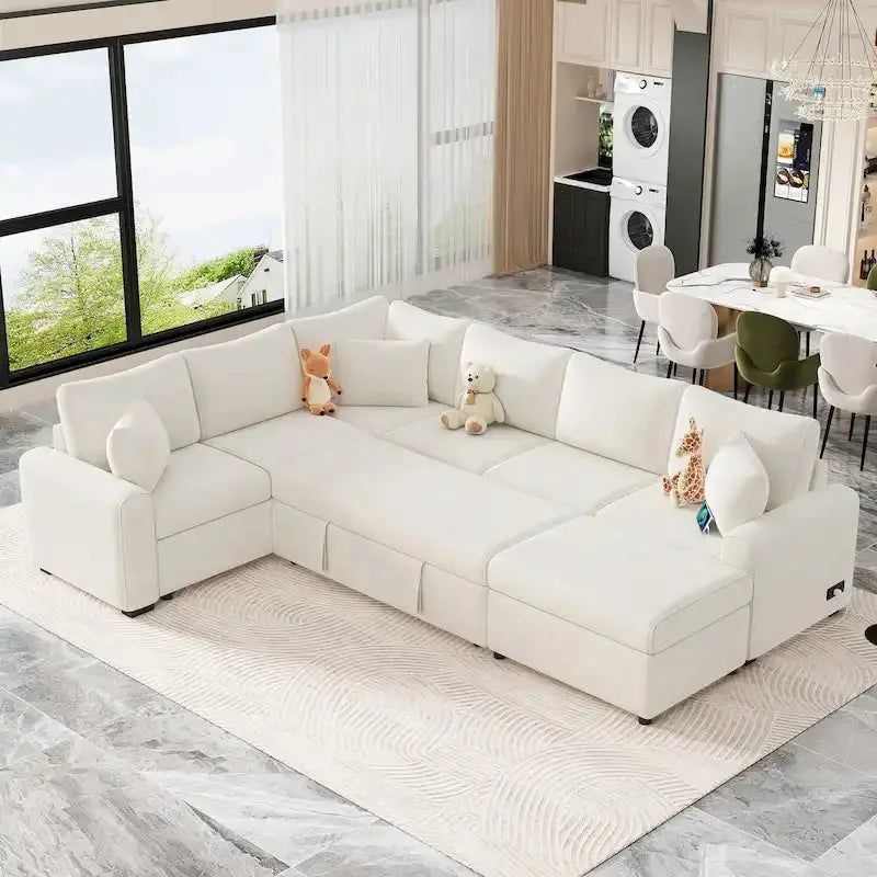 Chenille L-Shaped Sectional Sofa Bed — Pull-Out Mattress, Storage Ottoman, USB Charging & Decorative Pillows