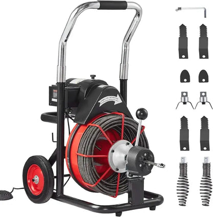 100-Foot Auto-Feed Drain Snake Auger  1/2-Inch Cable, Wheeled Sewer Cleaner Machine