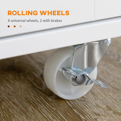HOMCOM Rolling Kitchen Island on Wheels, Utility Serving Cart with Rubber Wood Top, Towel Rack, Storage Cabinets and Drawer, White