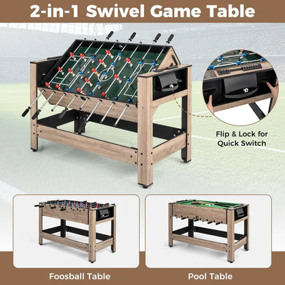 Rotating 2-in-1 Multi-Game Table Combining Foosball and Pool Play