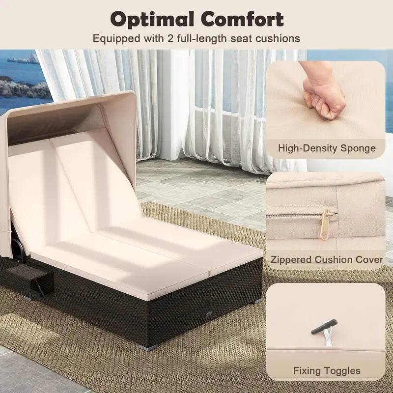 RELAX4LIFE Outdoor Wicker Daybed  Retractable Canopy Chaise Lounge with 6-Position Backrest