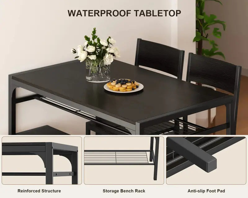 Gizoon 4-Piece Kitchen Dining Set with Storage Racks  Table, 2 Chairs & Bench, Space-Saving Design