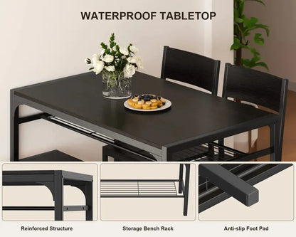 Gizoon 4-Piece Kitchen Dining Set with Storage Racks  Table, 2 Chairs & Bench, Space-Saving Design