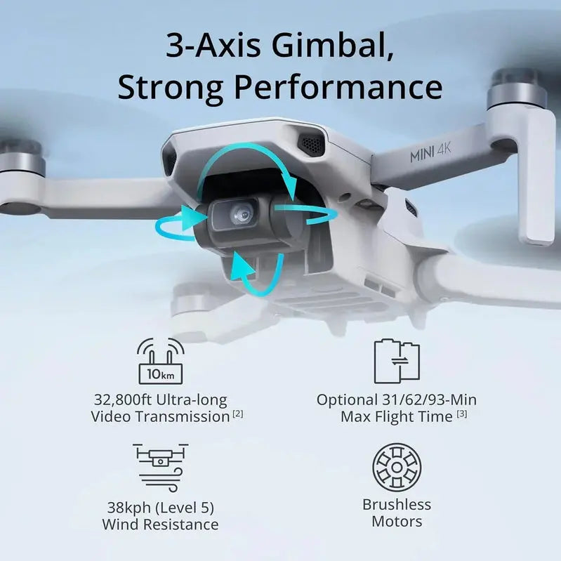 DJI Mini 4K Drone for Adults — Ultra-Compact 4K UHD Camera, 3-Axis Gimbal, 10 km Transmission, 31-Min Flight Time