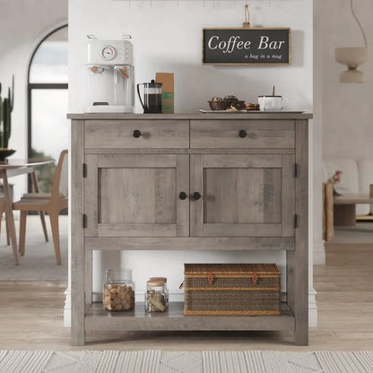 HOSTACK Farmhouse Console Table  Rustic Brown Entryway or Coffee Bar with Cabinet, Drawers & Shelf