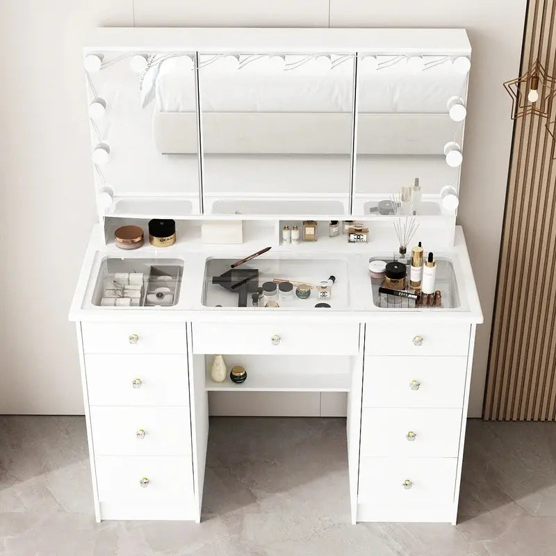 LED Makeup Vanity Dresser  Tri-Fold Mirror, Glass Top Surface, and Certified Bright Lighting