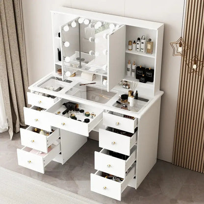 LED Makeup Vanity Dresser  Tri-Fold Mirror, Glass Top Surface, and Certified Bright Lighting