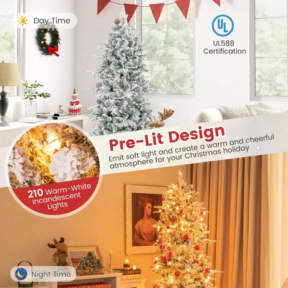 6-Foot Snow-Flocked Hinged Christmas Tree with 210 Warm-White Incandescent Bulbs