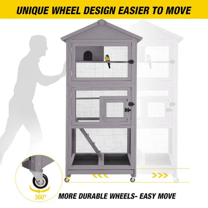 Brand Wooden Cockatiel Cage with Wheels, Removable Netting, Waterproof Roof, and Spacious Design for Outdoor Use