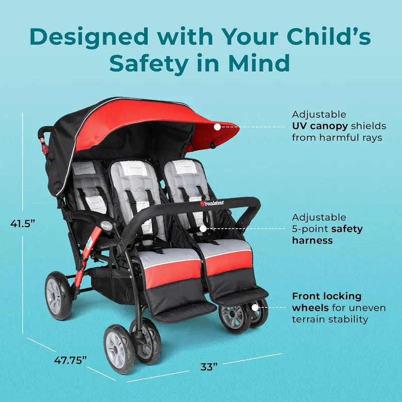 Compass Quad 4-Seat Stroller  Daycare-Ready Multi-Child Carrier with UV Canopy, 5-Point Harnesses, and Storage Bucket