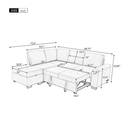 L-Shaped 5-Seat Sleeper Sectional Sofa  84.75-Inch Modular Design with Hidden Arm Storage, Ottoman with Compartment, and Dual USB Charging Ports