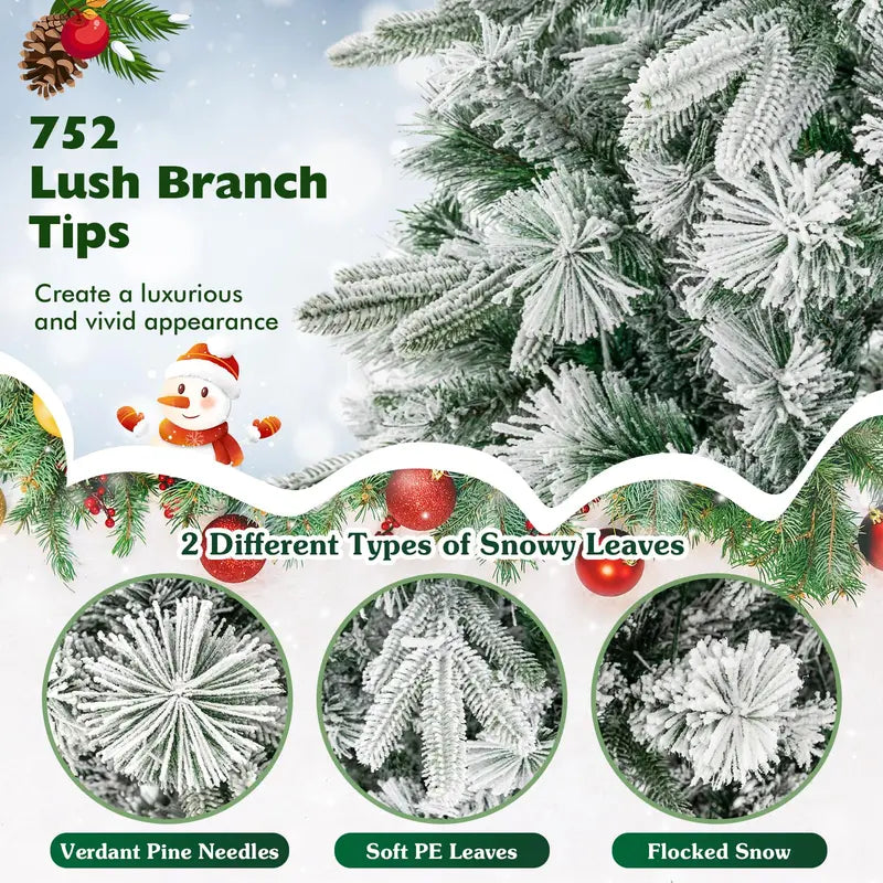6-Foot Snow-Flocked Pre-Lit Christmas Tree with Realistic Pine Branches