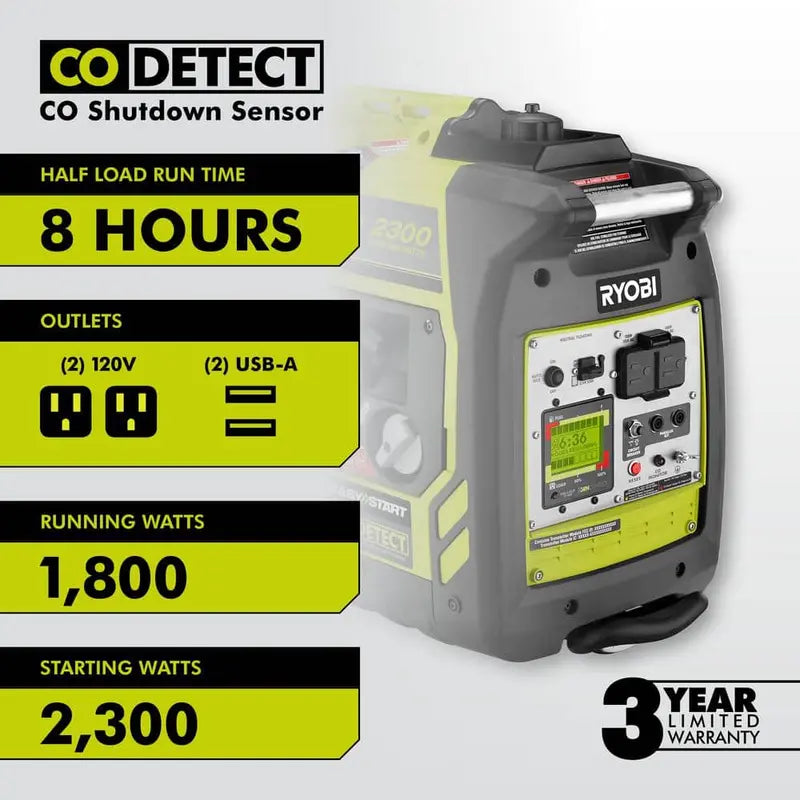 RYOBI 2,300-Watt Recoil Start Bluetooth Super Quiet Gasoline Powered Digital Inverter Generator with CO Shutdown Sensor RYi2322