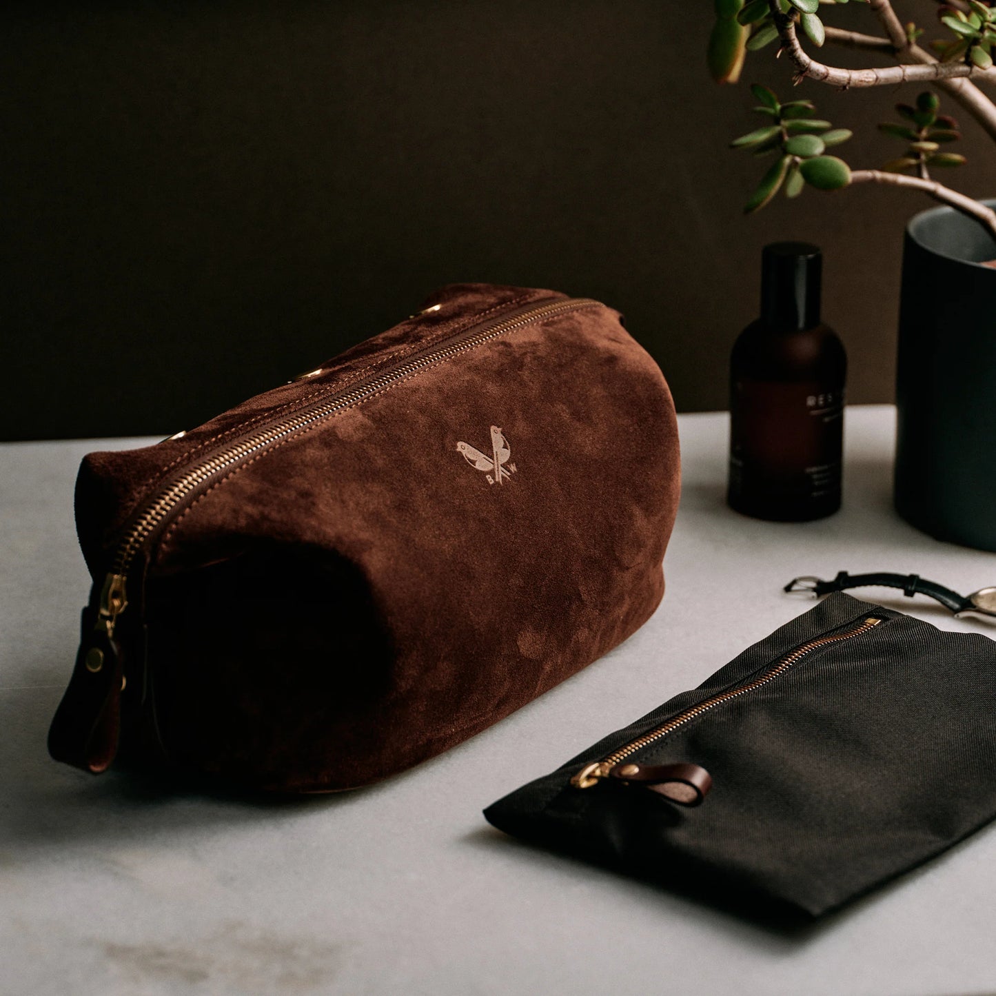 Suede Wash Bag / Dopp Kit - Tobacco Brown