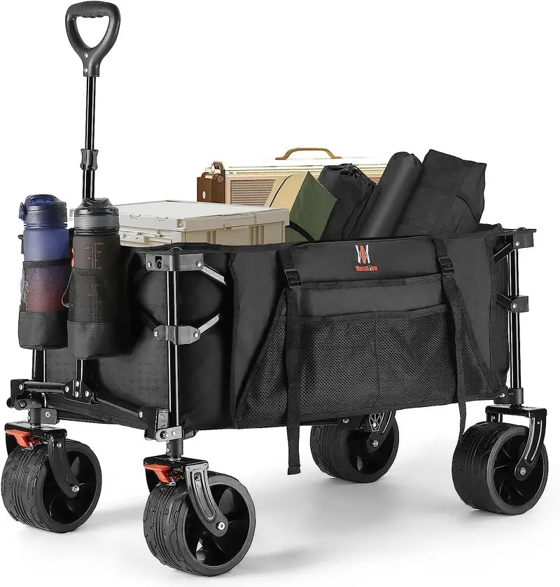 Navatiee Heavy-Duty Collapsible Wagon  Foldable Utility Cart with Brakes, Side Pocket & Large Wheels