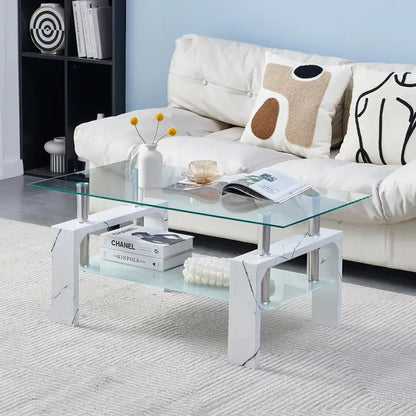 Contemporary Rectangle Coffee Table  Glass-Topped Living Room Side Table with Wooden Legs, Ideal for Waiting Areas