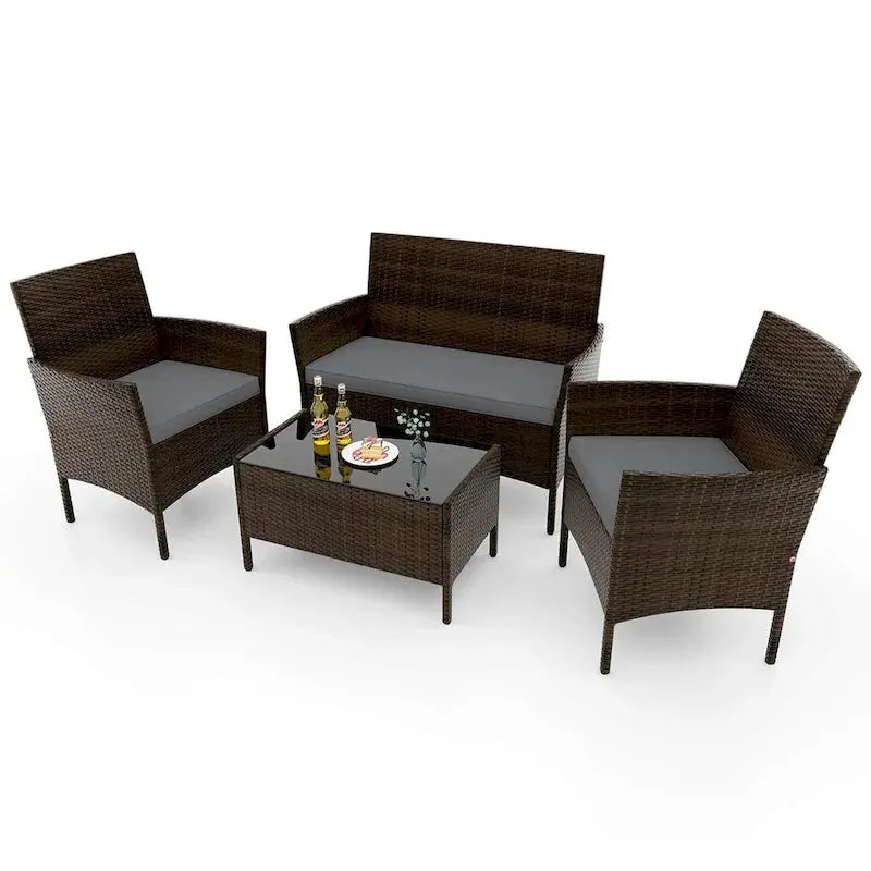 Costway 4-Piece Patio Furniture Set  Tempered Glass Table with Washable Seat Cushions