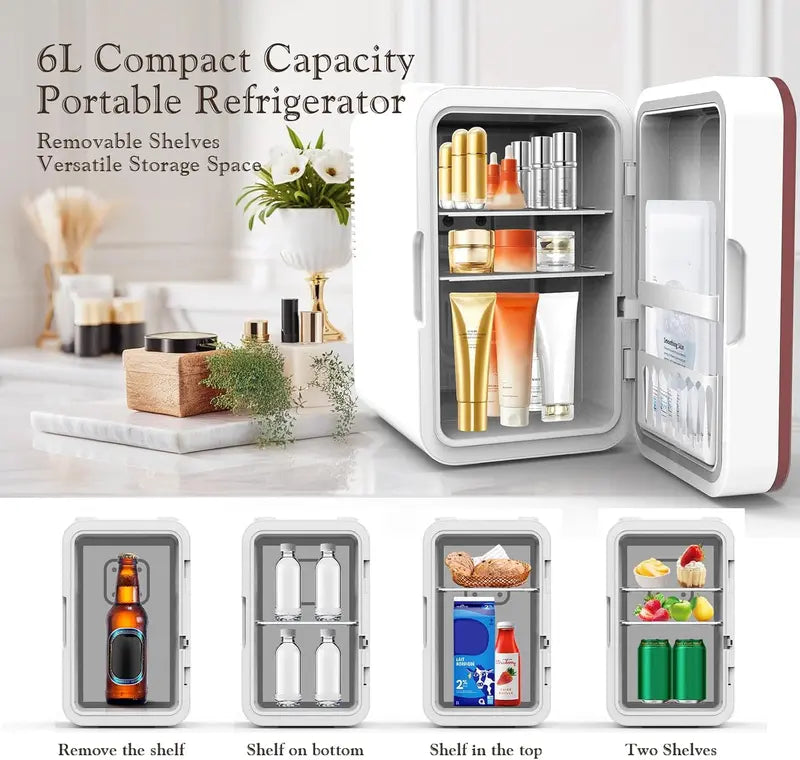 6L Skincare Mini Fridge with Dimmable LED Mirror  Compact Dual-Zone Cooler & Warmer for Cosmetics, Bedroom, or Office