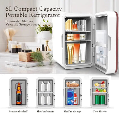 6L Skincare Mini Fridge with Dimmable LED Mirror  Compact Dual-Zone Cooler & Warmer for Cosmetics, Bedroom, or Office