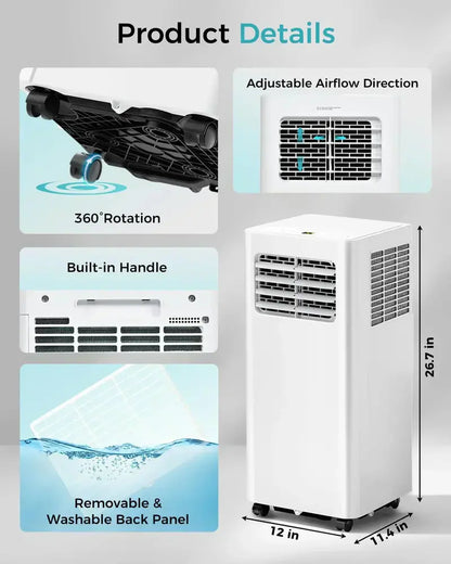 8,000 BTU 3-in-1 Portable Air Conditioner with Remote & Whisper-Quiet Operation