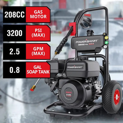 PowerSmart 3200 PSI Gas Pressure Washer, 2.5 GPM, 5 Nozzles, 208cc Engine, CARB Compliant