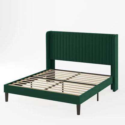 Allewie Full Size Velvet Wingback Bed  Channel-Tufted Upholstered Frame with Vertical Headboard