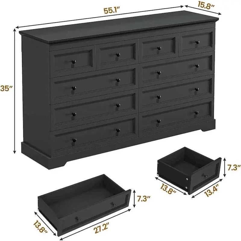 10-Drawer Wooden Dresser  Tall Chest of Drawers with Ample Storage, Rustic or Modern Bedroom Fit