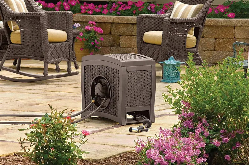 Suncast Aquawinder 125  Hands-Free, Water-Powered Wicker Hose Reel with Portable Lightweight Design