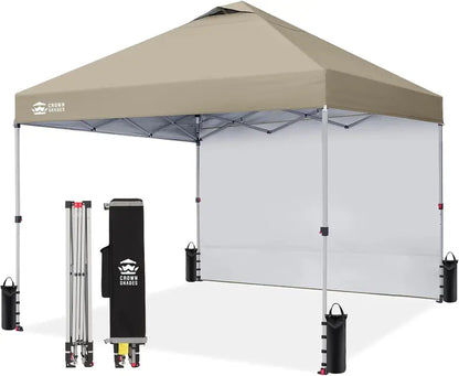 CROWN SHADES 10′ x 10′ Pop-Up Canopy with Single Sidewall: Portable Event Shelter for Parties, Campgrounds, and Outdoor Markets — Includes STO-N-Go Carry Bag