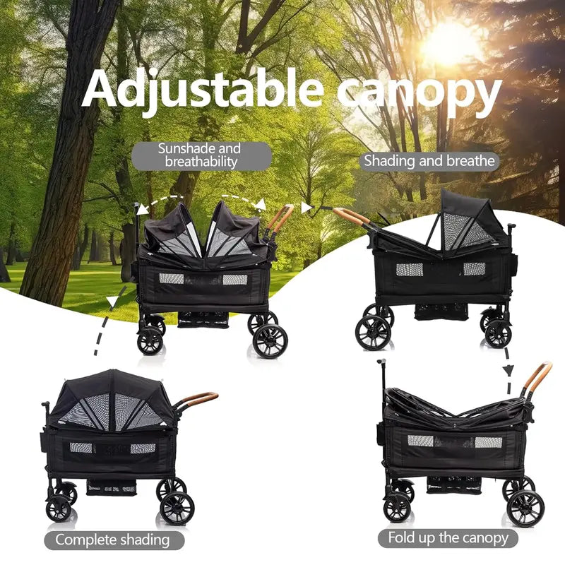 Lightweight Foldable Double Wagon Stroller  Push-Pull Travel Stroller for Newborns & Toddlers, 5-Point Safety Harness, Canopy, Tray Table & Cup Holder