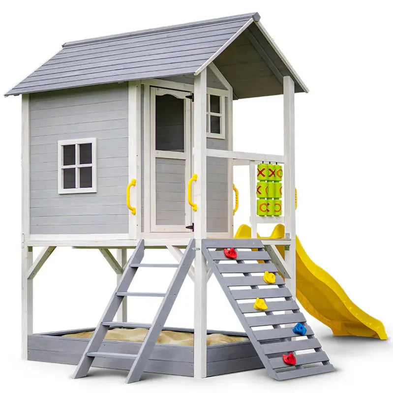 Rovo Wooden Tower Cubby House for Kids  Features Slide, Sandpit, Climbing Wall & Tic-Tac-Toe Game Board