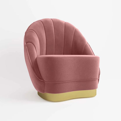 Fauteuil en velours rose vintage, base cerclage dor  effet laiton