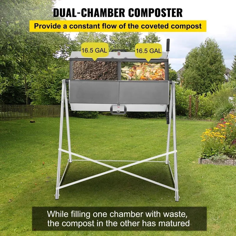 Dual-Chamber Rotating Steel Compost Tumbler  33-Gallon Outdoor Bin