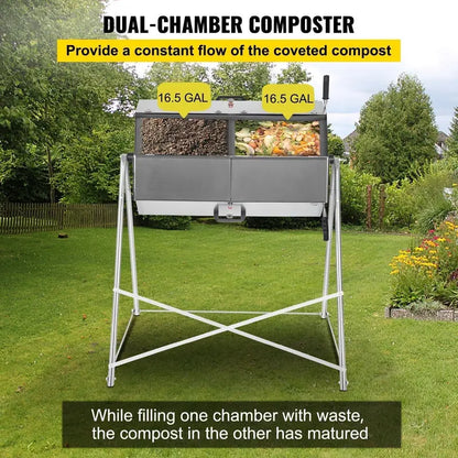 Dual-Chamber Rotating Steel Compost Tumbler  33-Gallon Outdoor Bin