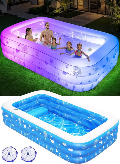 Lighted Family Inflatable Pool  Extra-Large with Integrated Seats & Waterproof LED Lighting