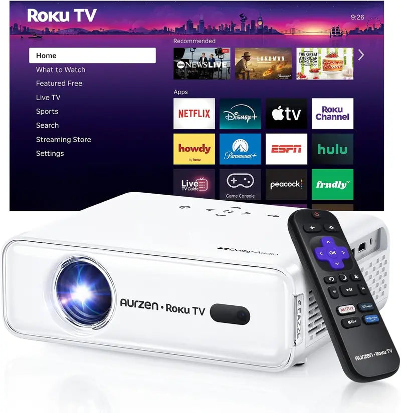 Aurzen Roku TV Smart Projector with Built-in Streaming, Wi-Fi, and Bluetooth
