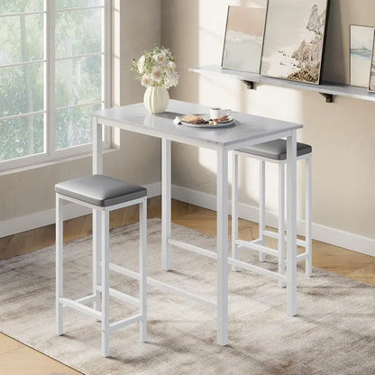 White Faux Marble 3-Piece Breakfast Nook Set: Pub-Height Table + 2 Matching Stools for Compact Spaces