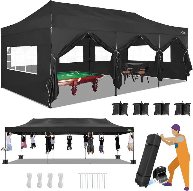 COBIZI Heavy-Duty 10×20 FT Pop-Up Canopy Tent  6 Wind-Resistant Sidewalls, Black Frame, Roller Bag