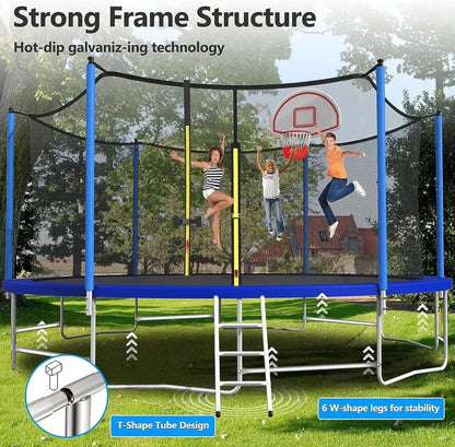 16-Foot Upgraded Trampoline with Enclosure Net and Adjustable Basketball Hoop