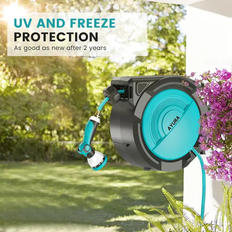 AYURA Retractable Garden Hose Reel  Adjustable Length Lock, Gentle Auto-Rewind & 10-Spray Nozzle