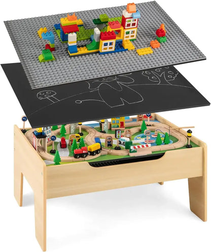 Wooden 5-in-1 Train Activity Table  Flip-Top Design with 100+ Pieces, Storage Compartment & Track System for Toddlers 3 Years and Up
