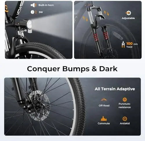 Jasion EB5 500W Electric Bike for Adults  40 Miles, 20MPH, 7-Speed, 26″ Tires, Front Suspension