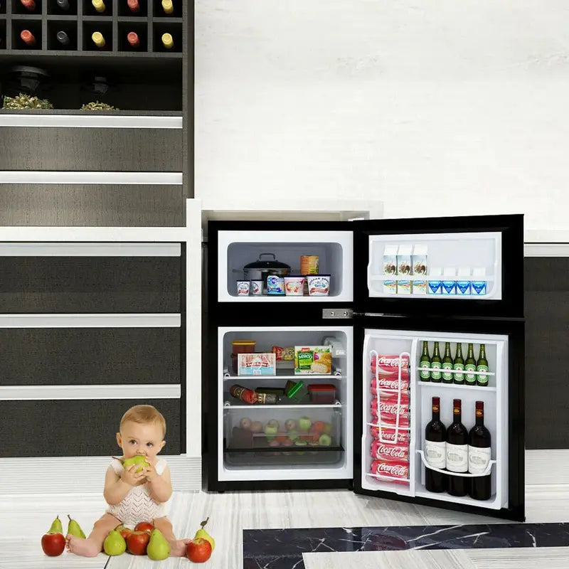 Costway Compact 3.2 Cu. Ft. Mini Fridge with Freezer  Space-Saving Grey Cooler for Dorms or Offices