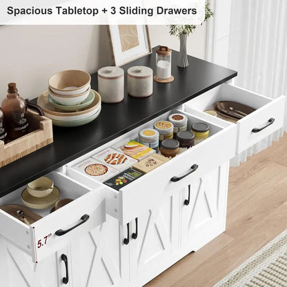 HOSTACK Modern Farmhouse Buffet Cabinet  55-Inch Wooden Sideboard with Drawers, Shelves & Doors for Coffee Bar or Dining Room Storage