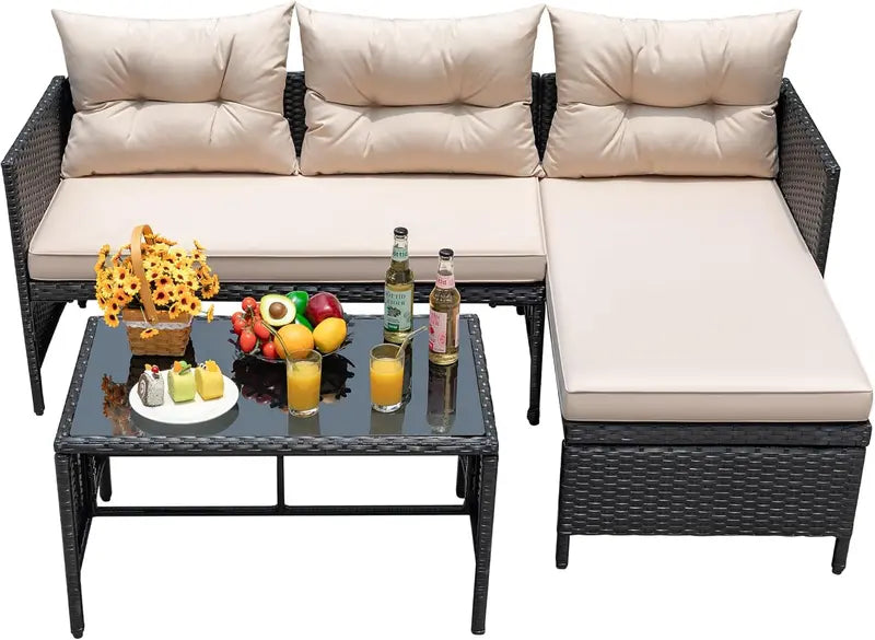 Devoko 3-Piece Beige L-Shaped Rattan Patio Sectional with All-Weather Cushions and Glass Table