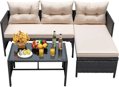 Devoko 3-Piece Beige L-Shaped Rattan Patio Sectional with All-Weather Cushions and Glass Table