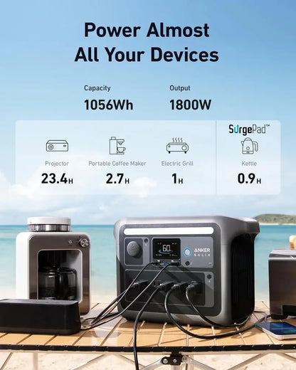1800W (2400W Peak) Portable Solar Generator  1056Wh LiFePO4 Battery, 58-Min Fast Charge